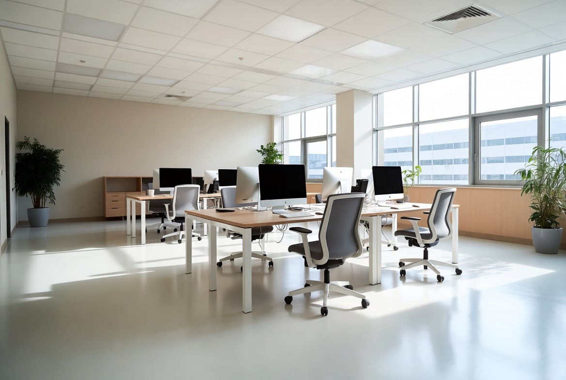 Espacio de trabajo ordenado con áreas comunes listas para usar