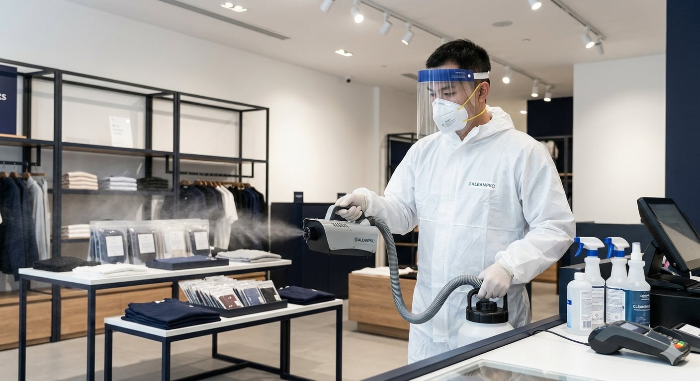 Técnico trabajando en detalles finales de un espacio comercial